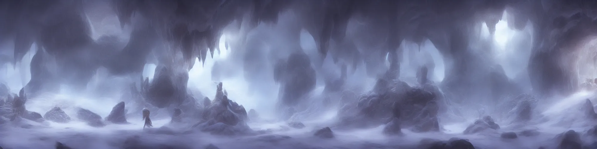 Image similar to huge snow cave with cinematic lighting in the style of ori and the blind forest, highly detailed, digital art 4k, 8k