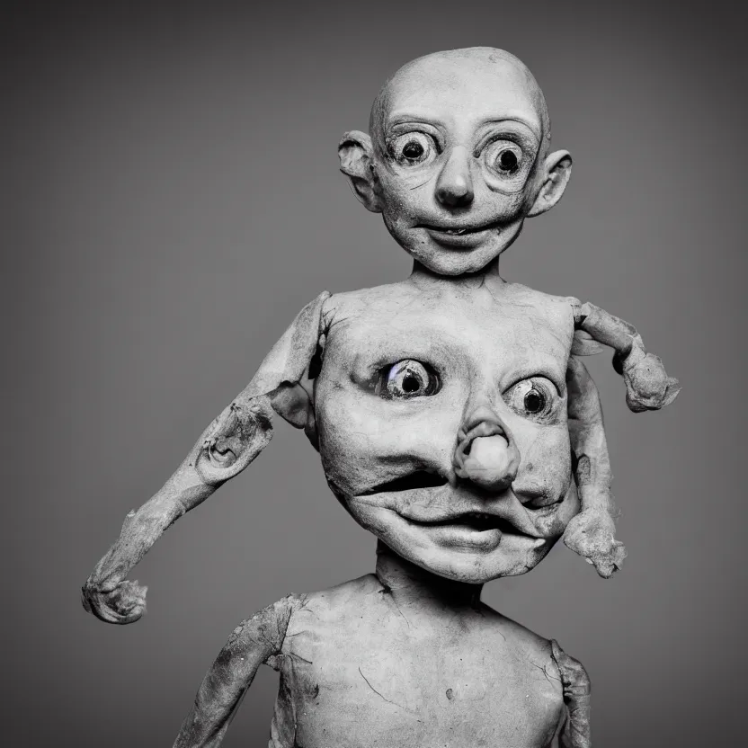 Image similar to creepy ventriloqiest dummy in the style of Roger Ballen, 4k, bw, portrait