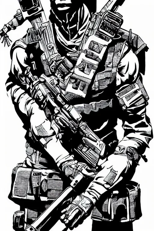 Prompt: a paranormal soldier, tribal, emp weapons strapped in shoulders, horror sci - fi, black and white, art by kevin eastman