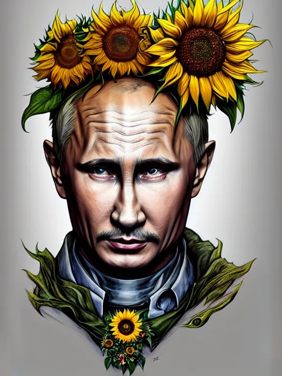 Image similar to digital art, centered full body of Putin smiling king, Sunflower crown, ,intricate, veins, by James Jean and by artgerm , by ross tran ultradetailed, charachter design, concept art, trending on artstation,