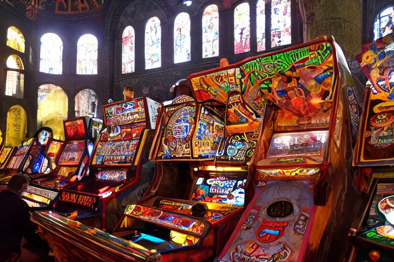 Prompt: the hagia sophia sanctuary converted into a retro videogame arcade with pinball tables, game cabinets, pachinko contraptions, crowd of people playing at them