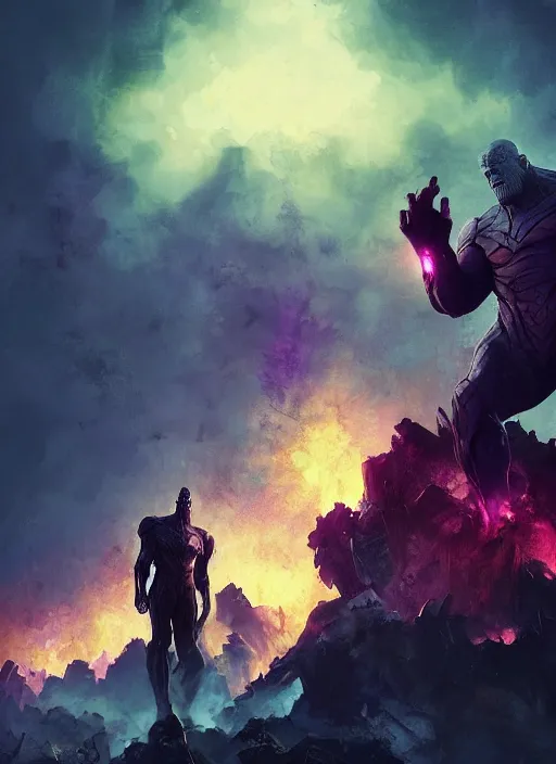 Prompt: dark Thanos standing on post apocalyptic battlefield, grinning emperor of the world, action pose, dramatic lighting, high contrast, cosmic horror, abstract, masterpiece, trending on ArtStation, by Greg Rutkovski and by Craig Mullins and by David Cronenberg and by Ismail Inceoglu
