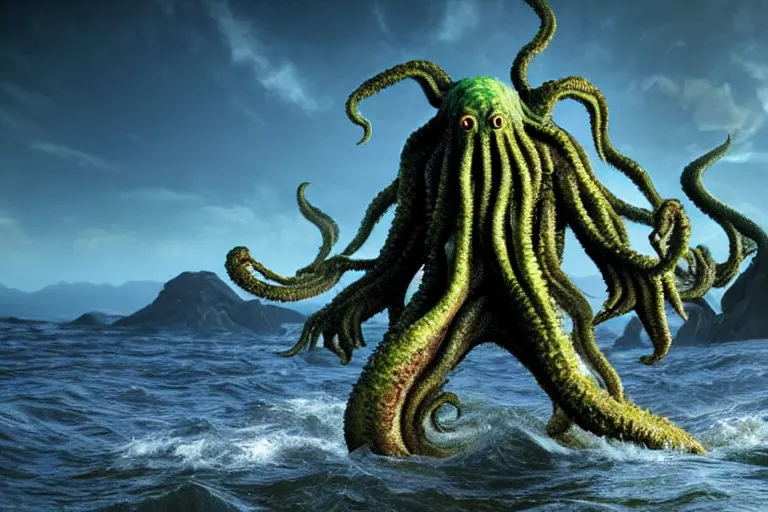 Prompt: giant Cthulhu, high definition, photorealistic, long shot, epic, horizon mountain over water