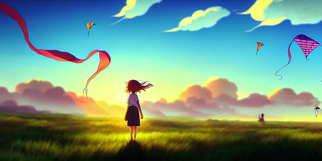 Image similar to the girl and the kites. beautiful sunrise. matte painting, anime, studio ghibli. intricate, elegant, super highly detailed, professional digital painting, artstation, concept art, smooth, Unreal Engine 5, Photorealism, HD quality, 8k resolution, cinema 4d, 3D, beautiful, cinematic