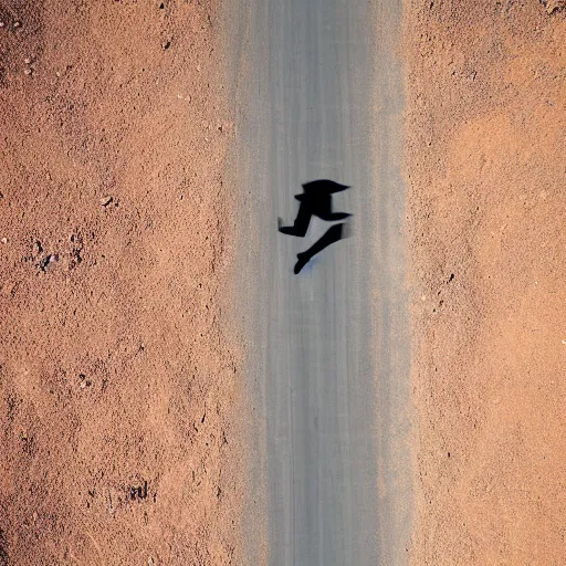 Prompt: satellite view of a man running on an abandoned road in a desert