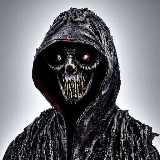 Image similar to photo taken of an epic intricate, ultra detailed, super realistic gritty, wet, slimy, lifelike sculpture of a nightmarish hellish humanoid hooded grim reaper, creature design created by weta workshop, menacing, some zoomed in shots, photorealistic, sharp focus, extremely cold blueish colour temperature, f 0. 4, full body shot