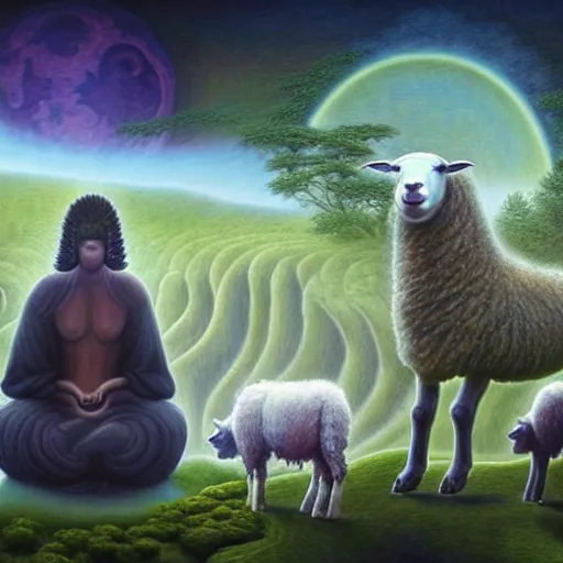 Prompt: an anthromorphic wolf sheppard with 2 sheep meditating in a zen garden with a waterfall under the blood moon, by Adi granov and afarin sajedi and amanda sage and evgeni gordiets and Agostino Arrivabene and adonna khare in a psychedelic portrait style, ultrarealistic matte painting, volumetric lighting, fractal, extremely symmetrical, highly detailed face, orisha, 8k, hd