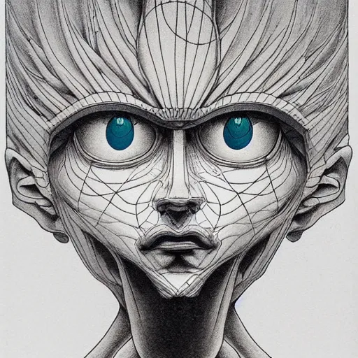 Image similar to prompt: Fragile looking vessel portrait face drawn by Katsuhiro Otomo, inspired by Escher, magical and alchemical objects on the side, soft light, white background, intricate detail, intricate ink painting detail, sharp high detail, manga and anime 2000