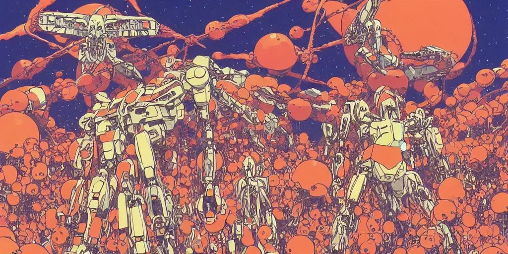 Prompt: risograph rendition of extremely - detailed white huge evangelion - like mech with a lot of orange tiny balls on it, children faces, ominous, intricate complexity, dramatic, epic composition, atmospheric, painting by moebius