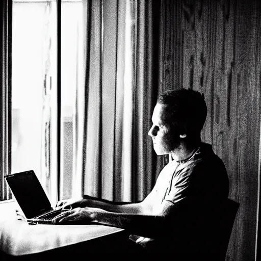 Prompt: Mysterious photo of a man alone in the dark on his computer in his hotel room, dark