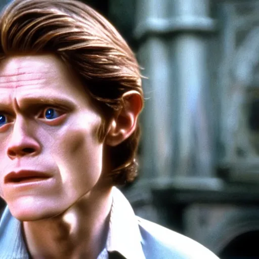 Image similar to Film Still of a Young Willem Dafoe playing a character in Harry Potter, Film Still, realistic, hyperrealistic, very realistic, very very realistic, highly detailed, very detailed, extremely detailed, detailed, detailed face, very detailed face, very detailed face, realism, HD Quality, 8k resolution, intricate details, body and head in frame, Real Life