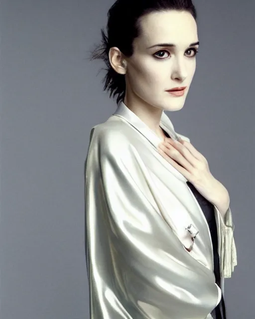 Image similar to beautiful young winona ryder wearing a futuristic metal kimono, half body portrait, greg kutkowski, sharp details, soft lighting, subsurface scattering, pearls of sweat, glistening skin, warm lighting