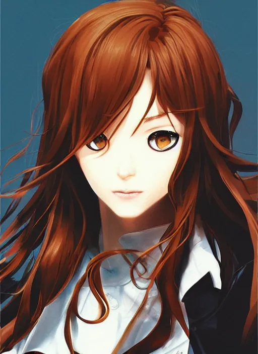 Prompt: portrait illustration by shigenori soejima, beautiful foxgorl, focus on face, pretty, cinematic lighting, painterly, long wavy orange hair, light brown trenchcoat