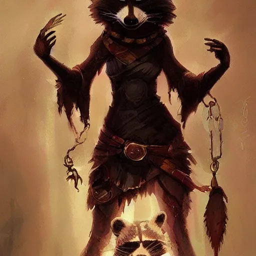 Image similar to A raccoon priestess with bloody eyes by greg rutkowski in the style of magic the gathering