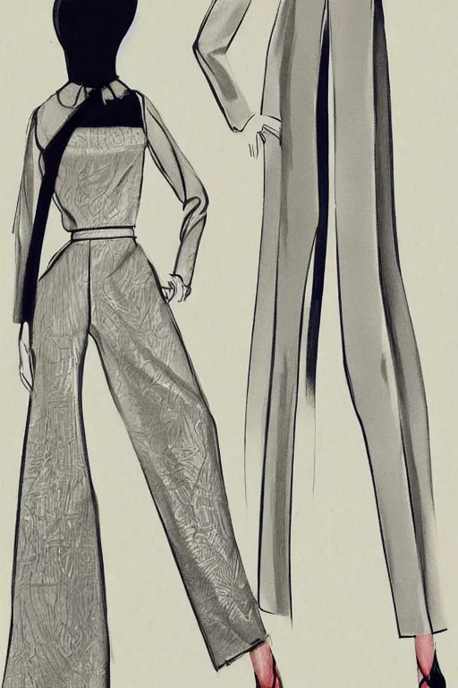 Prompt: a detailed fashion illustration of a midcentury hostess gown pants set