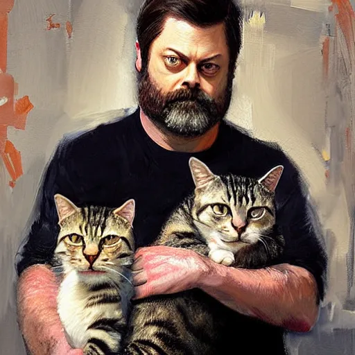 Image similar to nick offerman with body of a cat, jeremy mann painting