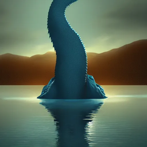 Prompt: lochness monster, light colors, silhouette, matte painting, blue, artstation award winner