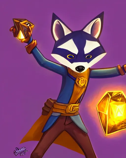 Image similar to highly detailed digital illustration portrait of sorcerer sly cooper raccoon holding a magical glowing gemstone in a crystal cave, action pose, d & d, magic the gathering, criag mullins, artgerm, wlop, disney, pixar,