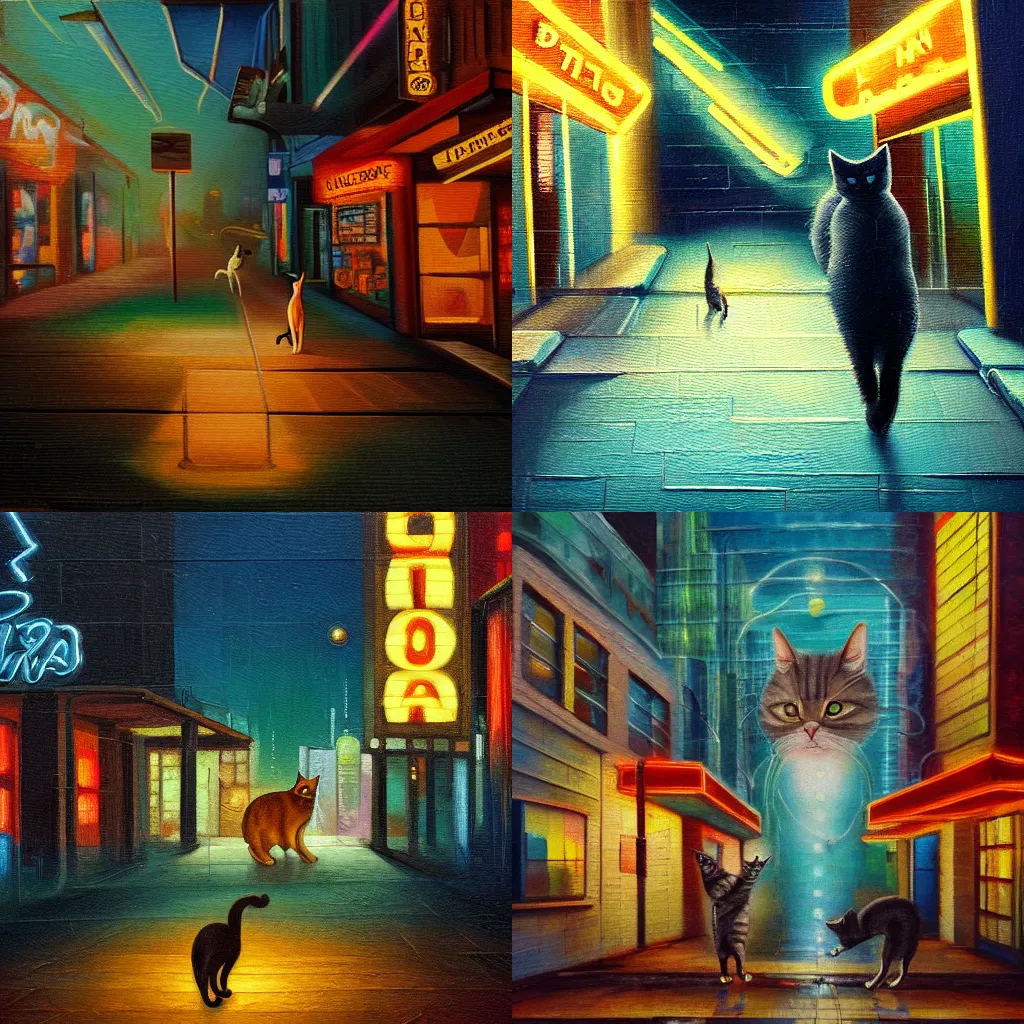Prompt: a dreamlike oil painting of a cat walking through an abandoned neon city