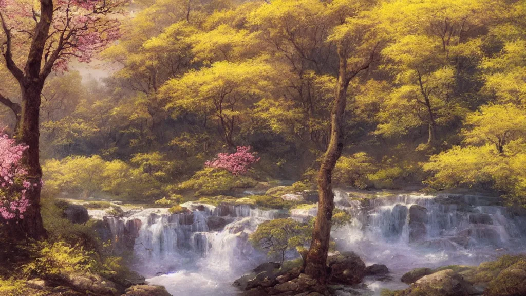 Prompt: A beautiful landscape oil painting of a hill with trees, the spring has arrived and the trees are blooming and covered with yellow, pink, purple and red flowers, the river come from the waterfall and is zigzagging and flowing its way, the river has lots of dark grey rocks, by Greg Rutkowski