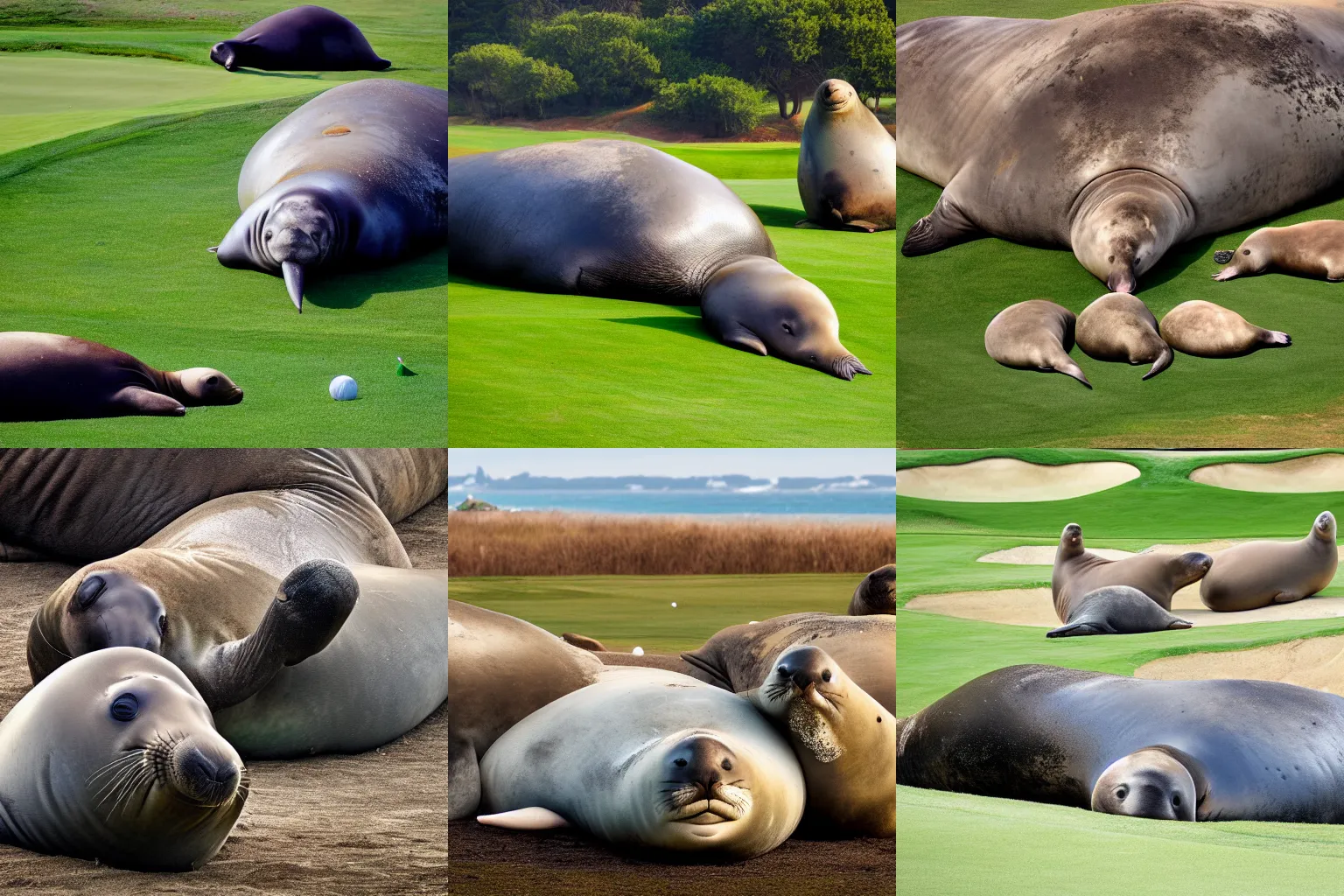 Prompt: A huge elephant seal with a bulbous nose sleeps golf green with his harem, National Geographic Style, photographed