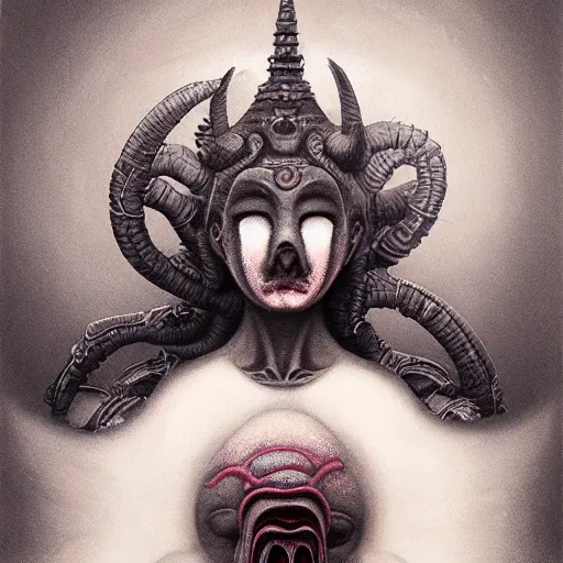 Image similar to naraka buddhist demon korean female, nazgul, happy female alien, tubular creature, blood vessels, no face, dystopian surrealism, alex ries zdzisław beksinski, symmetrical long head, smooth marble surfaces, smooth marble surfaces, detailed ink illustration, detailed ink illustration, raiden metal gear, cinematic smooth stone, deep aesthetic, concept art, intricate