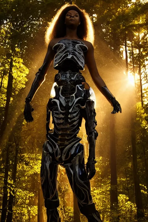 Image similar to hyperrealistic gorgeous black woman highly detailed exoskeleton bone armor in a forest sun behind her god rays concept art eric zener elson peter dramatic light low angle hd 8k sharp focus