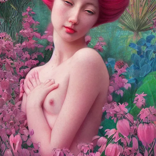 Prompt: princess bubblegum, exterior botanical garden, portrait face, colorful, frantisek kupka, intricate, miles johnston, kuroda seiki, cynical realism, ozabu, john william godward, painterly, yoshitaka amano, moebius, miles johnston, louise zhang, james jean, mark ryden lowbrow pop surrealism art style