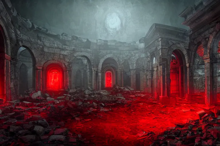 Image similar to an evil red light comes from a crypt in the center of the ruins with broken down walls, rubble all over the ground, midnight, fantasy painting of high quality, dramatic lighting, volumetric lighting.