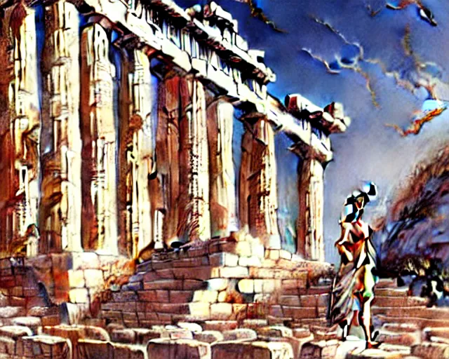 Prompt: Athena in the Athena Temple in Greece, highly detailed, intricate architecture, sharp focus, fantasy art by Artgerm and Greg Rutkowski and WLOP