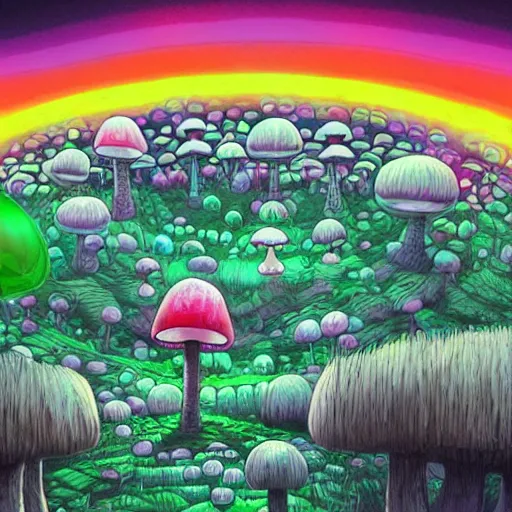 Image similar to 4 k headshot portrait of a psychedelic demonic anthropomorphic bunny rabbit with mushroom themed clothes, magic mushroom village in background. award winning, stylized neon, post - processing, masterpiece, superb resolution. in the art style of junji ito and greg rutkowski. detailed mushroom city in background. hyper realistic anime. perfect art. dalle 2