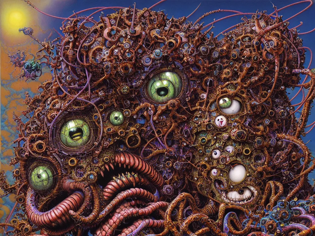 Prompt: realistic detailed image of Technological Nightmare Abomination Monster Clown Spider God by Lisa Frank, Ayami Kojima, Amano, Karol Bak, Greg Hildebrandt, and Mark Brooks, Neo-Gothic, gothic, rich deep colors. Beksinski painting, part by Adrian Ghenie and Gerhard Richter. art by Takato Yamamoto. masterpiece