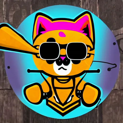 Image similar to svg sticker of a Dancing-Cat, at a rave, spinning records, giant headphones rocking out, wearing headphones, huge speakers, dancing, rave, DJ, spinning records, digital art, amazing composition, rule-of-thirds, award-winning, trending on artstation, featured on deviantart