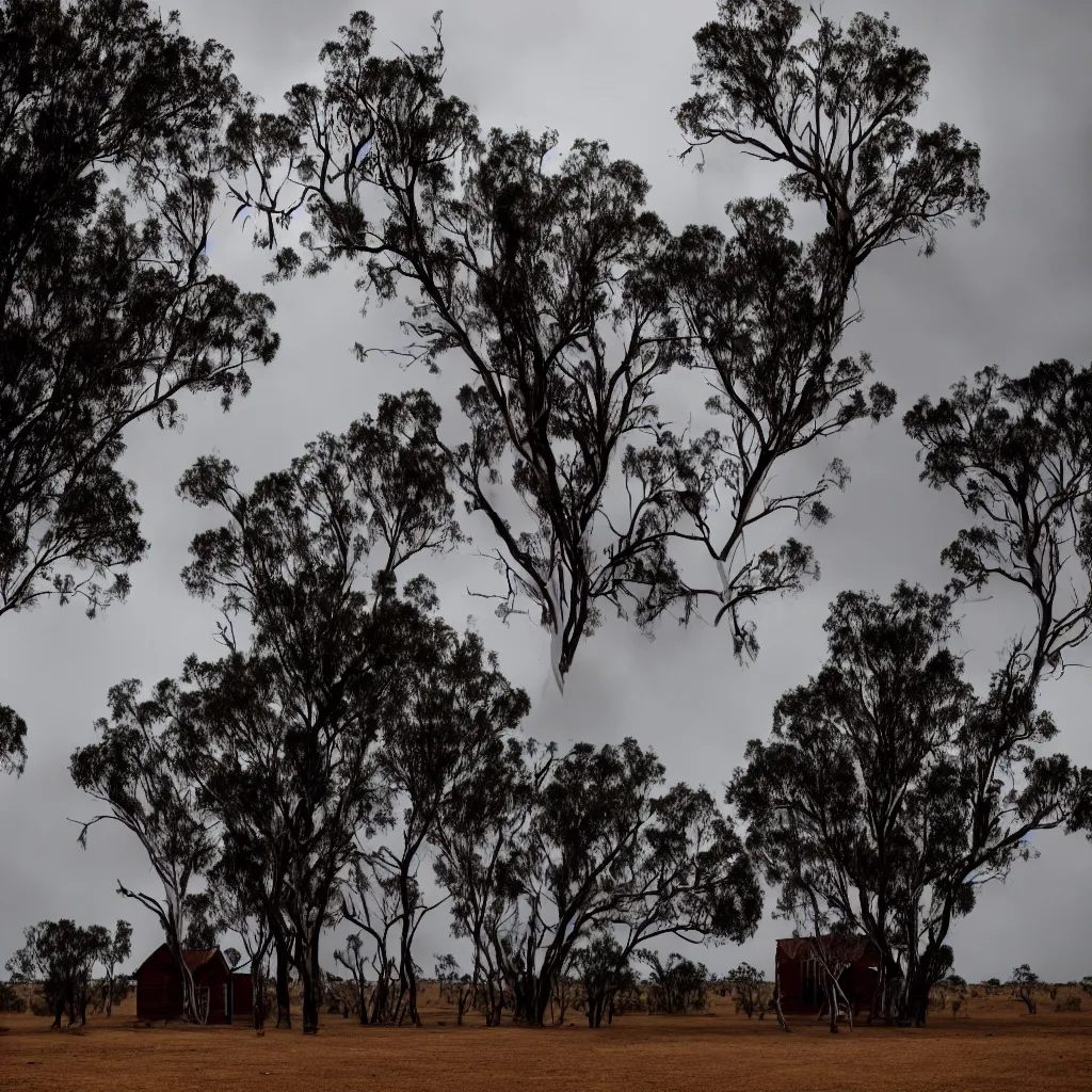 Prompt: a multitude of shadowy demons approaching a small, white, wooden church in the outback during a massive australian thunderstorm. 4 k