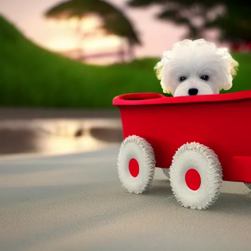 Image similar to a photorealistic photograph of a smiling white Bichon Frisé puppy pulling a little red wagon that is overflowing with french fries during sunset at the beach Trending on Artstation, featured on Behance, well-rendered, Unreal Engine, 4K HD