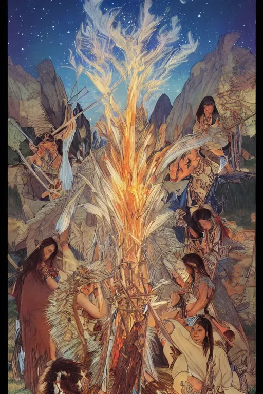 Image similar to serene scene of native americans around a fire in front of a tipi, by artgerm and yoshitaka amano and moebius and alphonse mucha, hyperdetailed, dc comics, ornate, nebula, explosions in the sky, trending on artstation