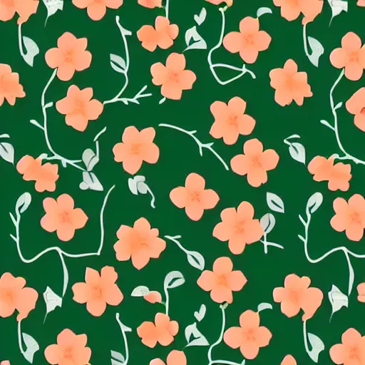 Prompt: repeating fabric pattern, minimalistic, miniature tiny peach color flowers, green vines and leaves
