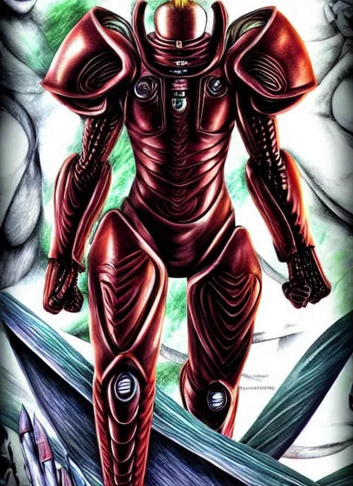 Prompt: berserk manga, samus, metroid, varia suit hyperrealism, intricate detailed