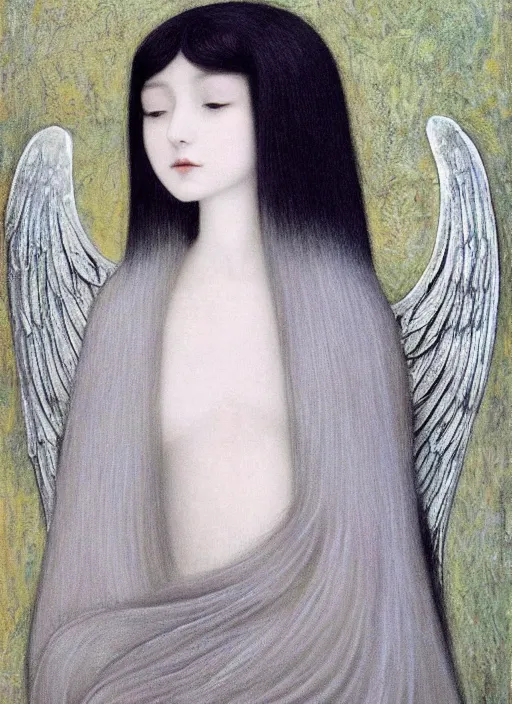 Image similar to tall thin young wan beautiful angel, silver hair so long, pale!, long silver hair, silver angel wings, wan adorable korean face, silver hair!!, style of fernand khnopff and lucien levy - dhurmer, oil on canvas, 1 8 6 2, 4 k resolution, aesthetic!,