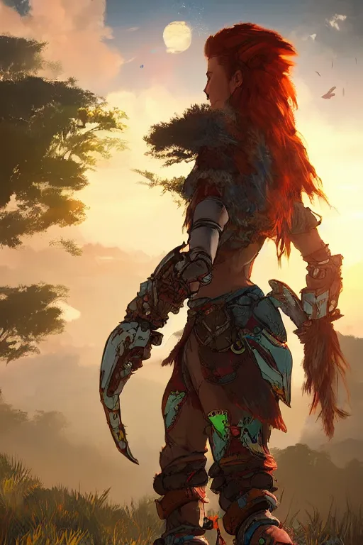 Image similar to combination suit armor aloy horizon forbidden west horizon zero dawn radiating a glowing aura global illumination ray tracing hdr fanart arstation by ian pesty and alena aenami artworks in 4 k tribal robot ninja mask helmet backpack