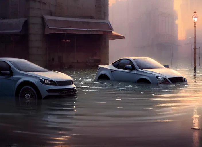 Prompt: a car driving through shallow water, flooded city, muted colors, hyperrealistic, oil painting, intricate, cgsociety, artstation, 8 k, cinematic, soft lighting, by greg rutkowski, by wlop, by artgerm