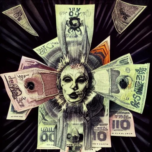 Image similar to post - punk new age album cover, white fabric banner on the top, asymmetrical design, dollar bank notes, capitalism, magic, apocalypse, psychedelic, black white pink, magic, giger h. r., giuseppe arcimboldo