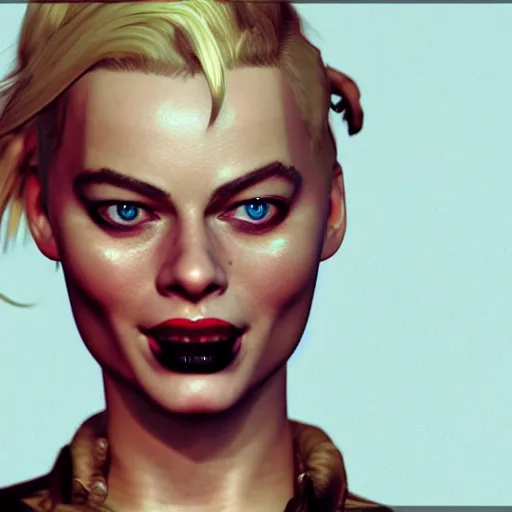 Image similar to margot robbie as tank girl, ultra detailed, concept art, 3 d render, unreal engine 5, ray tracing, fun pose, wild eyes, opened mouth, front and back, big hammer, 4 k