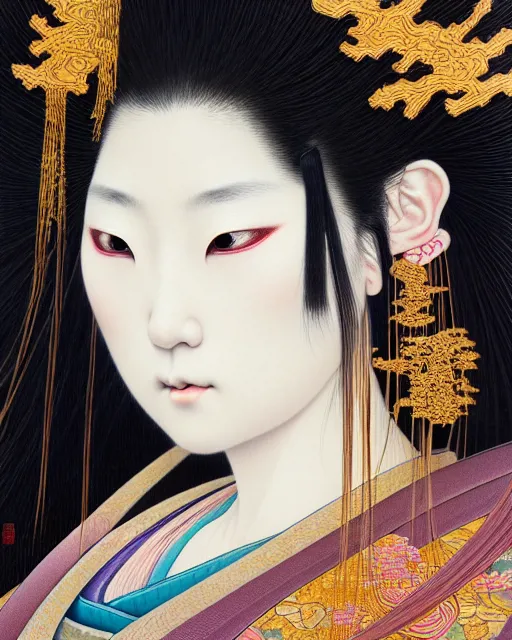 Prompt: portrait of a beautiful japanese goddess, unusual beauty, esoteric, muted colors, head in focus, fantasy art, ornamental aesthetics intricate, elegant, highly detailed, uhd, hyperrealistic painting, artstation, concept art, painterly, sharp focus, illustration, art by chie yoshii