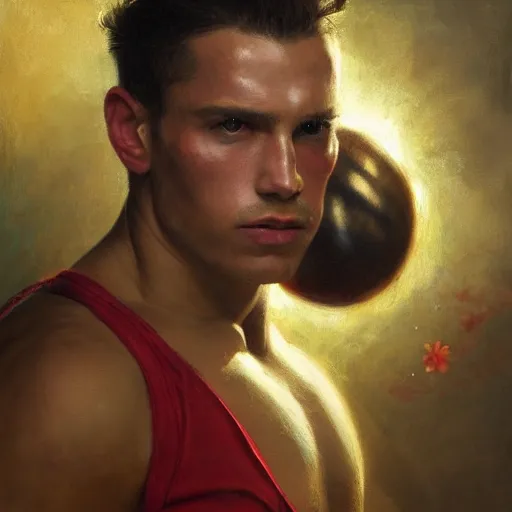 Image similar to handsome portrait of a young guy fitness posing, war hero, flexing, wearing red boxing gloves, hibiscus flower accent, radiant light, caustics, by gaston bussiere, bayard wu, greg rutkowski, giger, maxim verehin