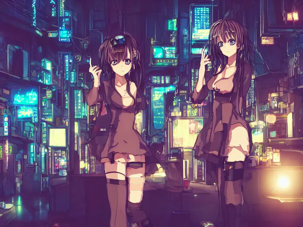 Image similar to lonely anime girl in a cyberpunk city bar at night, detailed, cute perfect face