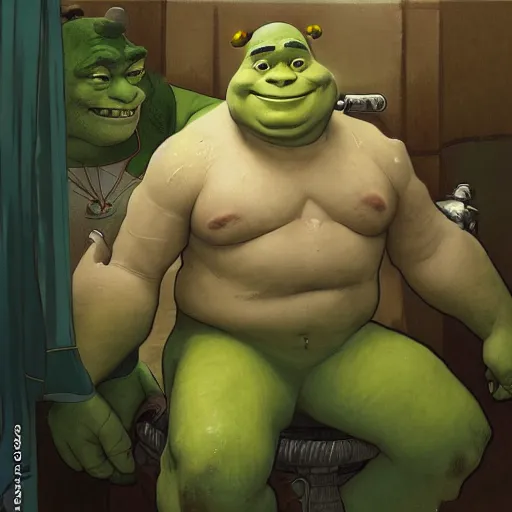 Image similar to Shrek on a toilet in the style of Krenz Cushart, Greg Rutkowski, Alphonse Mucha