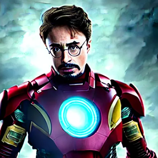 Image similar to harry potter wearing iron man suit, face showing, marvel movies quality, photorealistic, full body camera shot, dark atmosphere