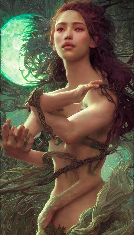 Prompt: epic masterpiece fire, sweaty skin, hyperrealistic, octane render, cinematic, night, moon, beautiful face and flawless skin, perfect hands, 5 fingers, emerald by Edgar Maxence and Ross Tran and Michael Whelan, Lorenzo Sperlonga Legends of Runeterra