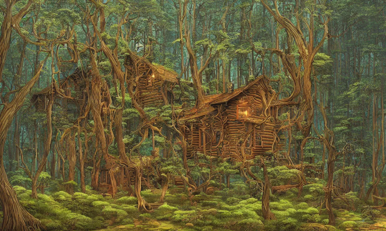 Prompt: a cabin in a mystical forest filled with grand magic, illustration painting, oil on canvas, intricate, hd, digital art, overdetailed art, complementing colors, detailed, illustration painting by alex gray, digital art, moebius